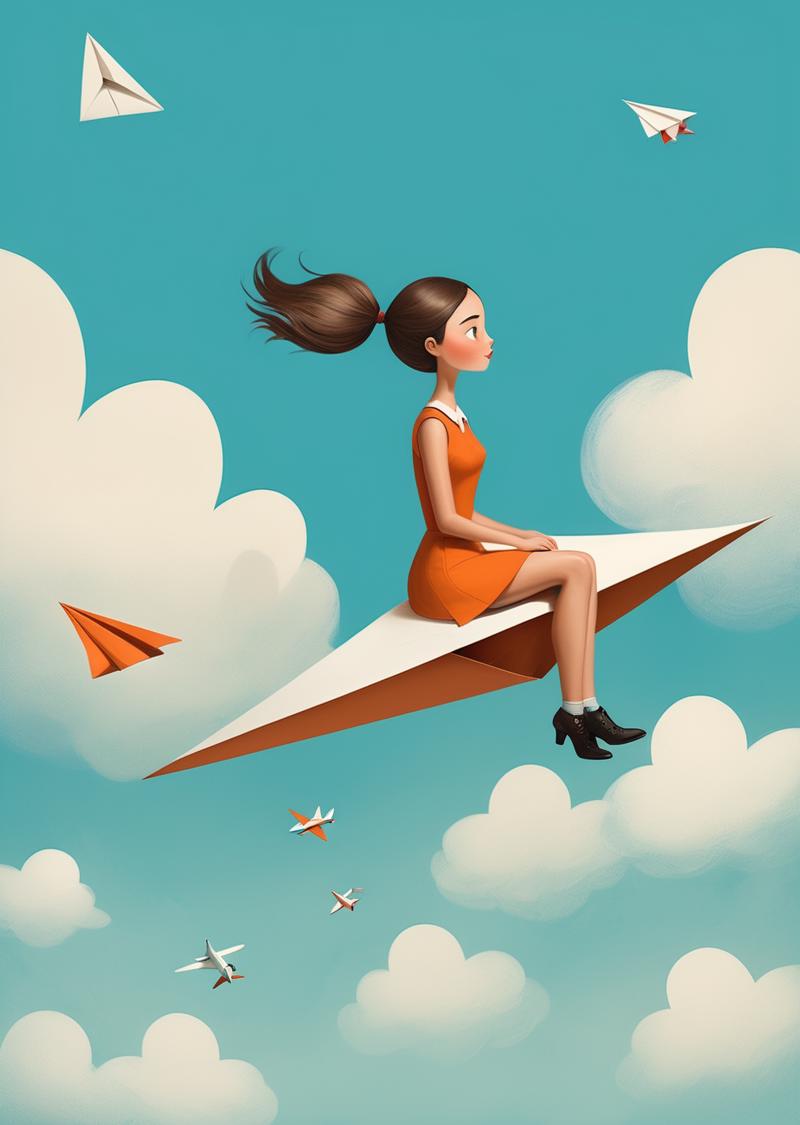 00456-1868500665-1 young woman_dutch angle _sitting on a  paper airplane,  __cartoon  surreal, whimsical_ (by Oliver Jeffers).png